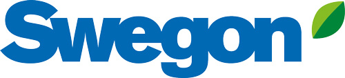 Swegon Logo Swegon Schriftzug in blau mit grünem Blatt rechts